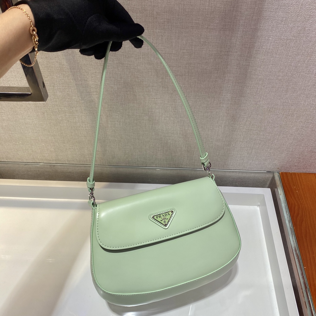 Prada Cleo Brushed Leather Shoulder Bag With Flap Bubble Green 1BD311